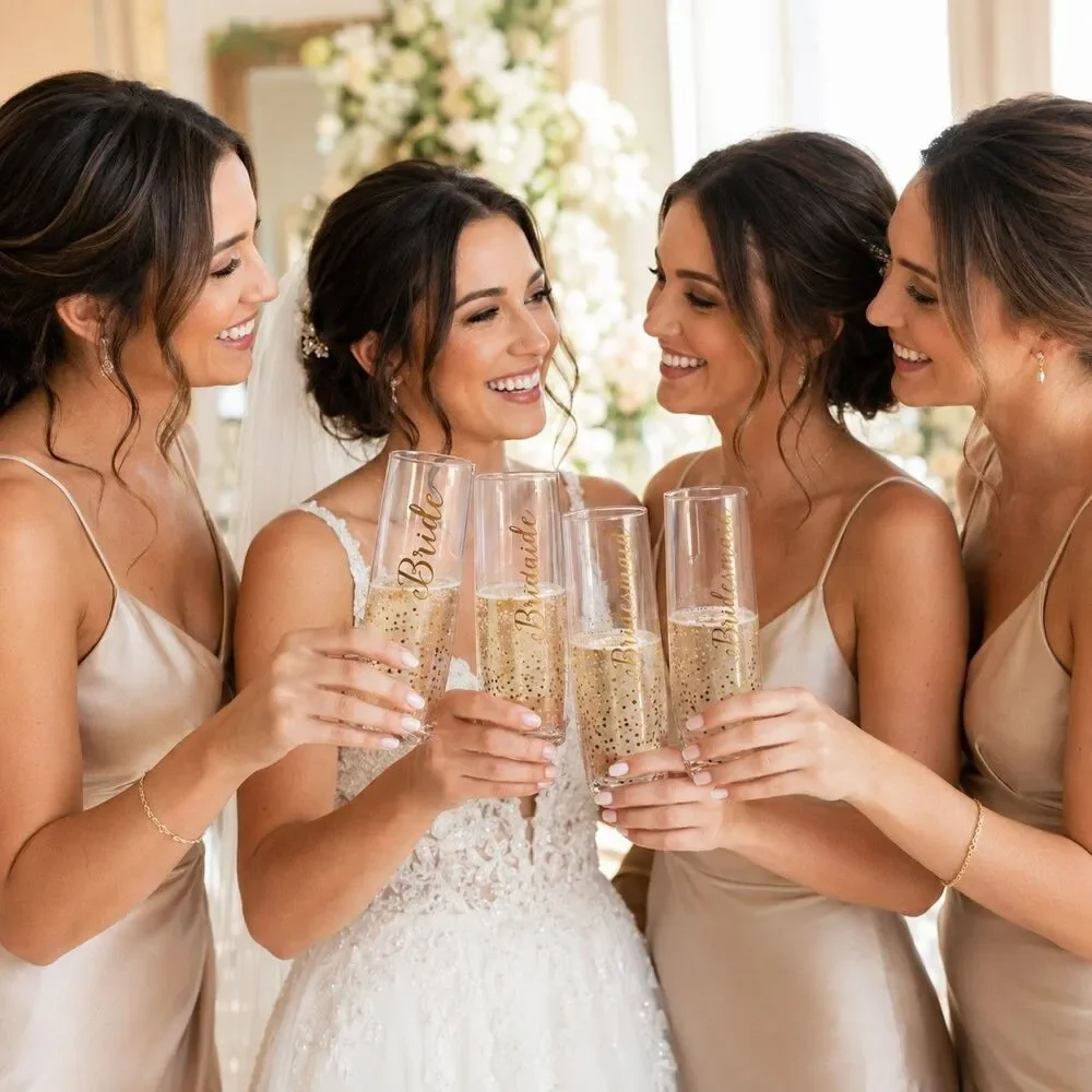 Isaac Mizrahi New York Set of 4 “Bride” Champagne Flutes Gold Confetti...